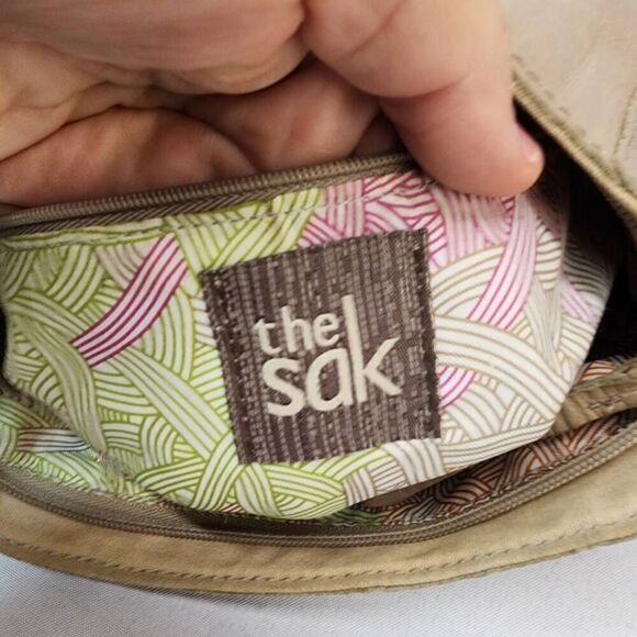 The SAK -Tan Leather Handbag Satchel Purse Woven Handle Outside zip Medium Boho - Picture 6 of 13